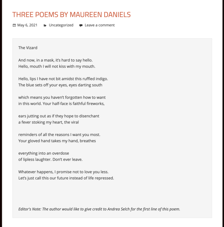 Three Poems by Maureen Daniels – St. John's English Department Website